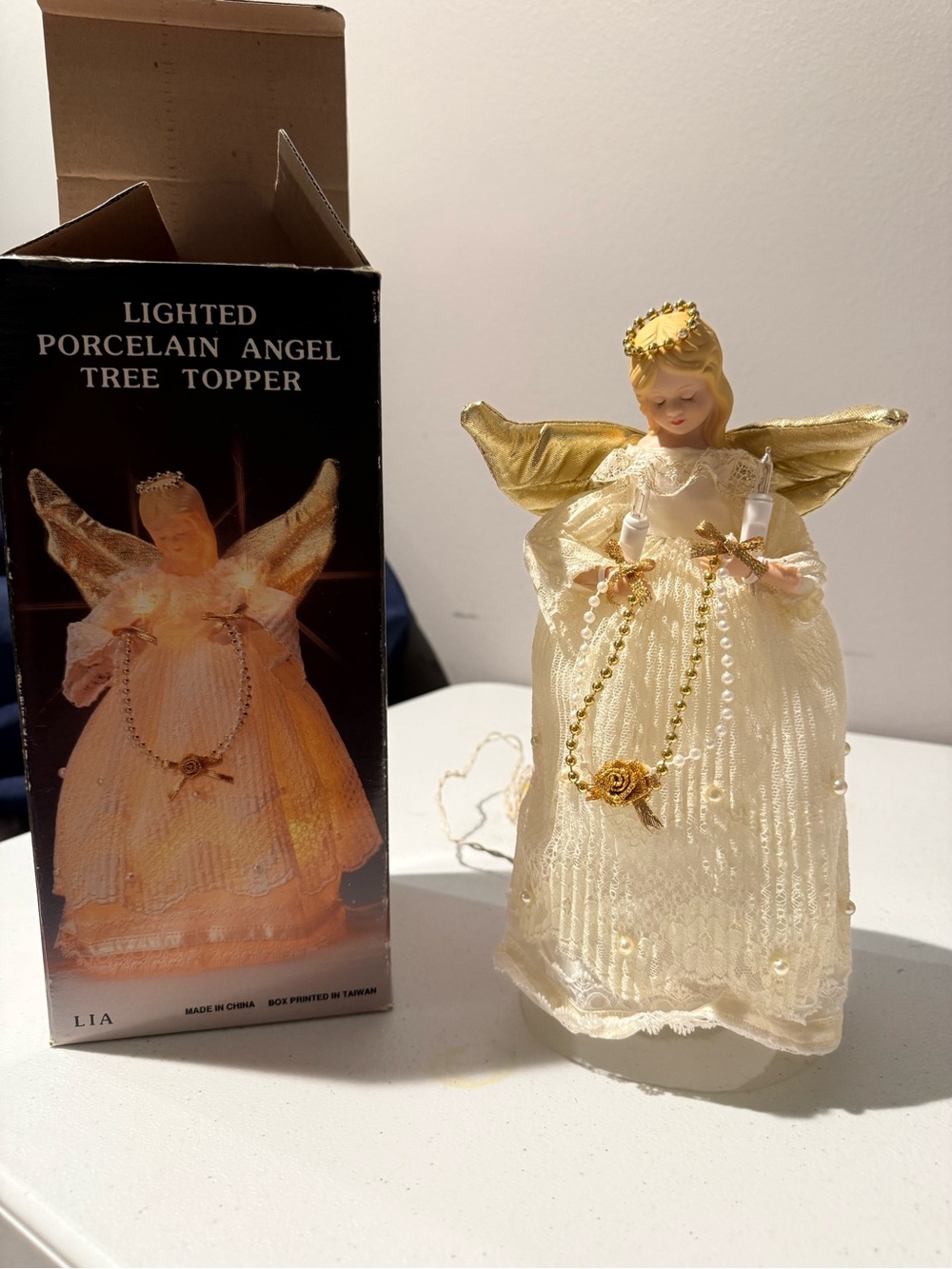 Vintage Lighted Porcelain Angel Tree Topper - Ivory & Gold